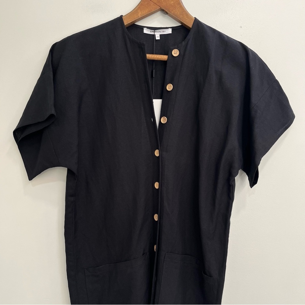 Emerson Fry Desert Midi Dress Black Short Sleeve Full Button Front Linen Blend - Picture 6 of 14